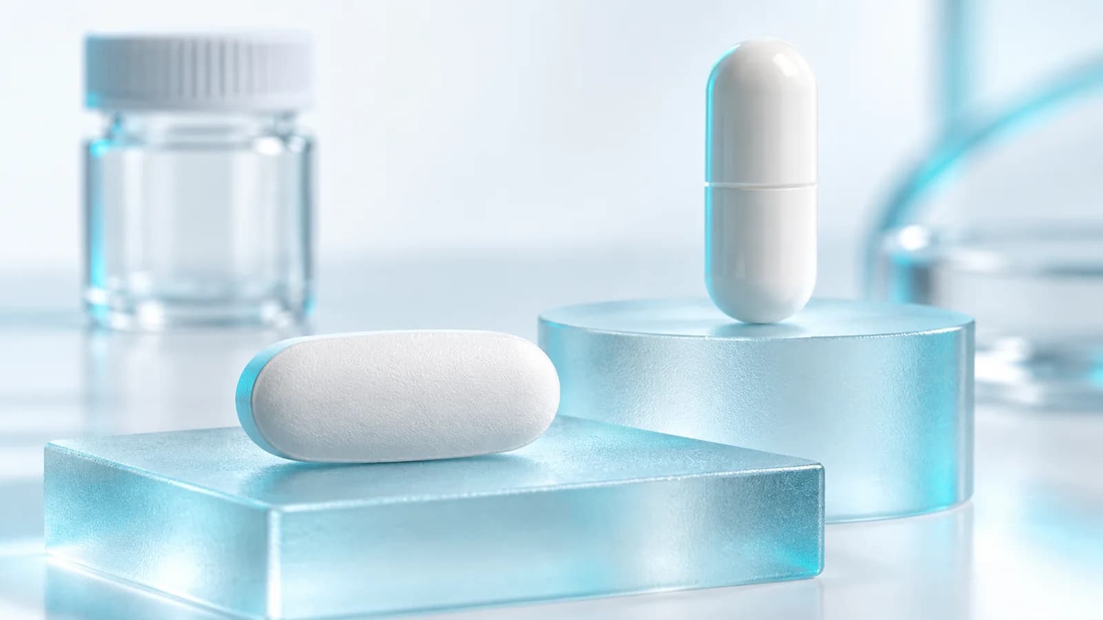 Unlabelled tablet and capsule on frosted cyan glass platforms