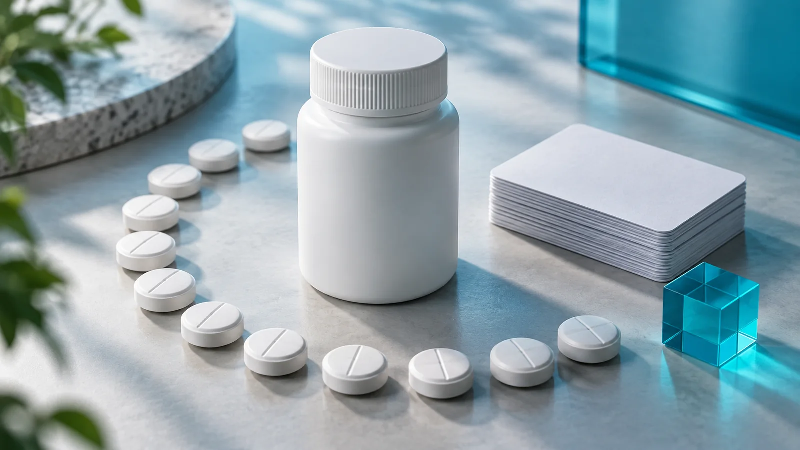 Tablets arranged around a plain bottle beside blank procurement cards